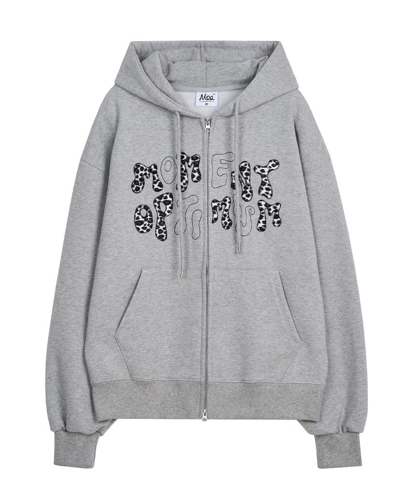 Moo Leopard Applique Zip-Up Hoodie - Gray