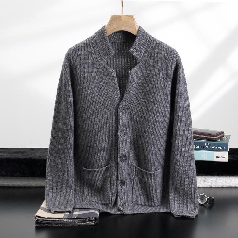 Autumn And Winter Men'S Clothing Thickened Stand-Up Collar Solid Color Cashmere Jacket Loose Casual Middle-Aged Cashmere Knitted Cardigan