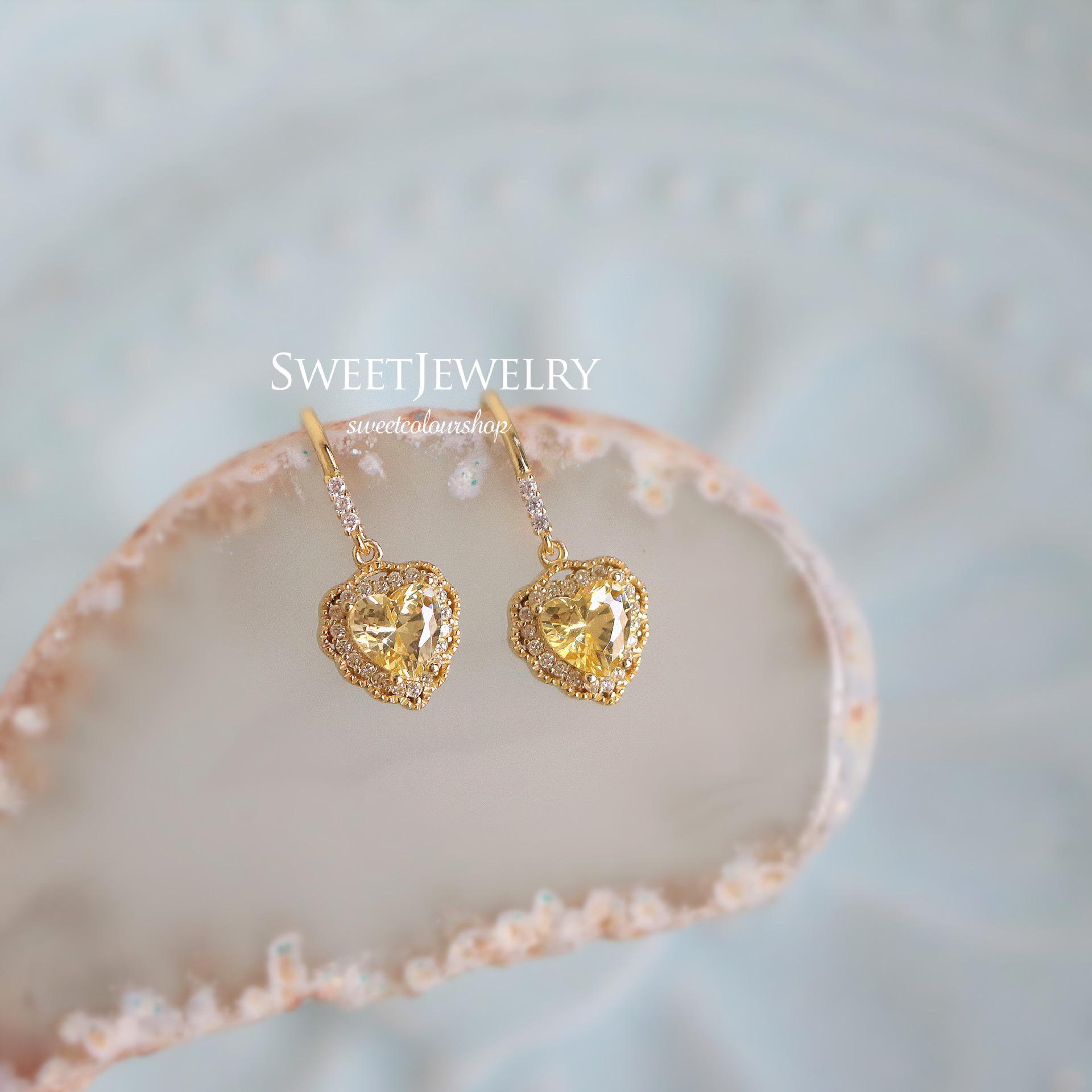Yellow Diamond French Retro Earrings - 925 Sterling Silver, Gold Plated Studs for Women