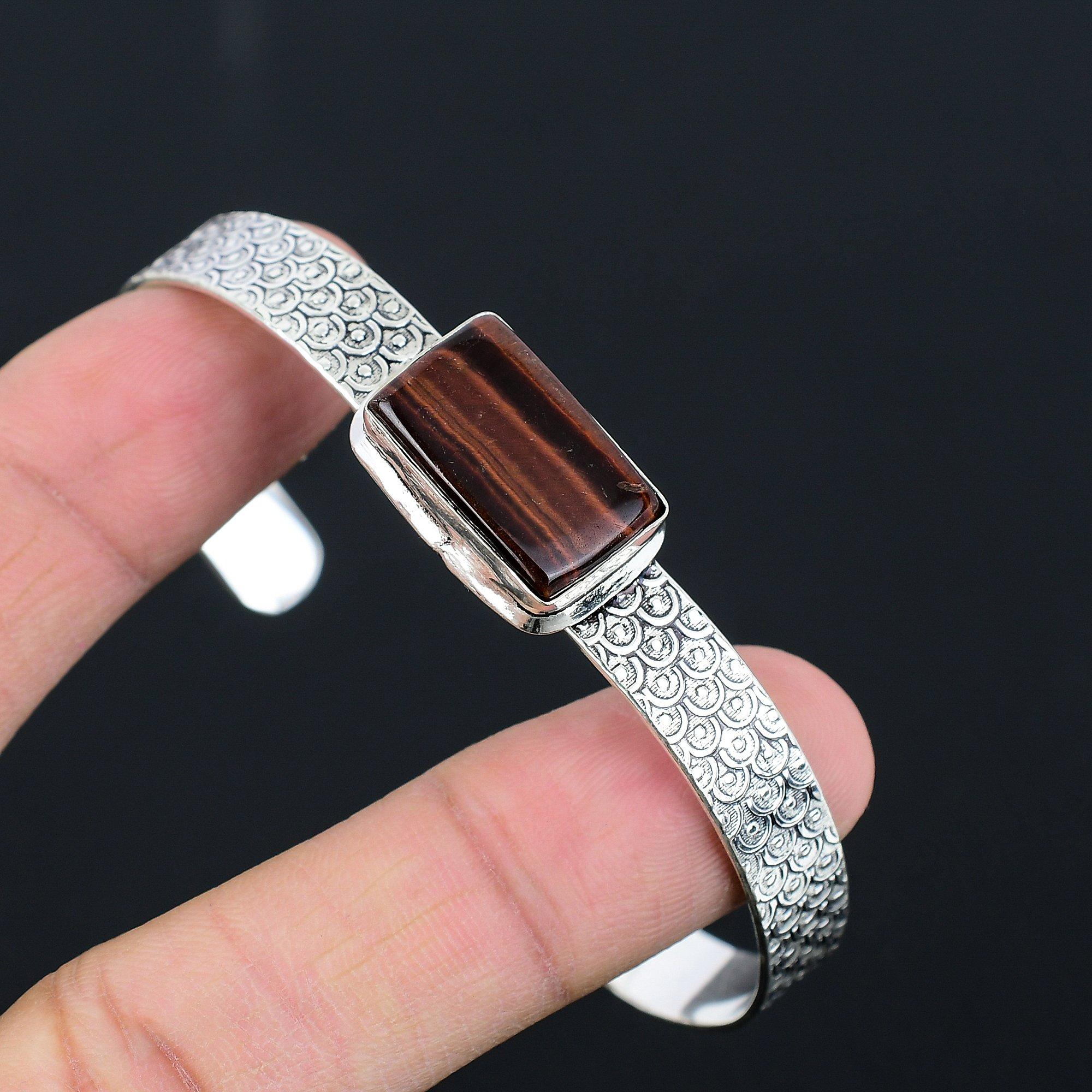 

Natural Tiger Eye Gemstone Bangle Adjustable 925 Sterling Silver For Women Adjustable