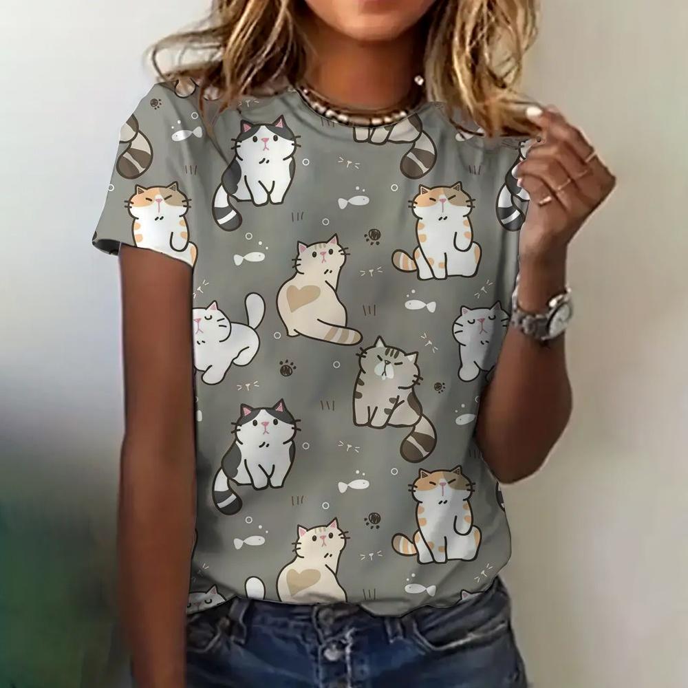 

New Women T-shirt Summer Cartoon Cat 3d Print Tshirt Women Fashion Casual Crew Neck Short Sleeve T Shirt Female Top Tee Elegant 6XL