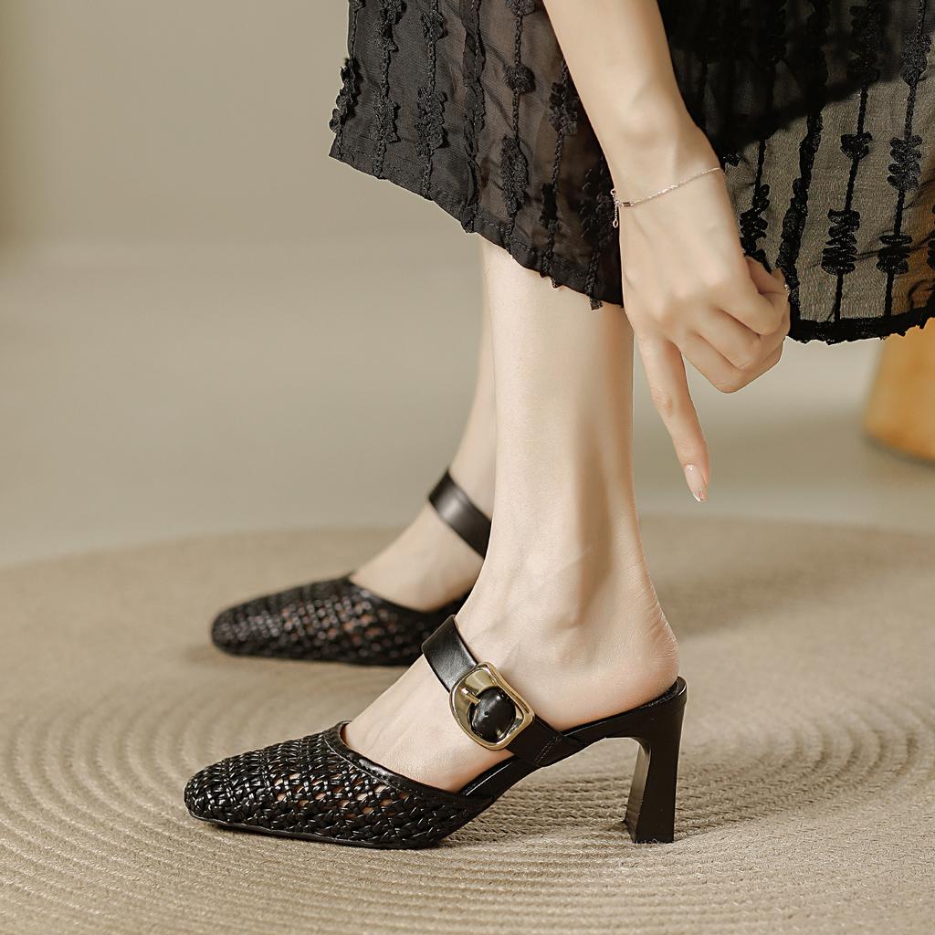 Woven Sandals Women's Summer 2025 New Models with Skirts French Square Head Thick Heel Hollow Outer Wear Bag Head Half Slippers