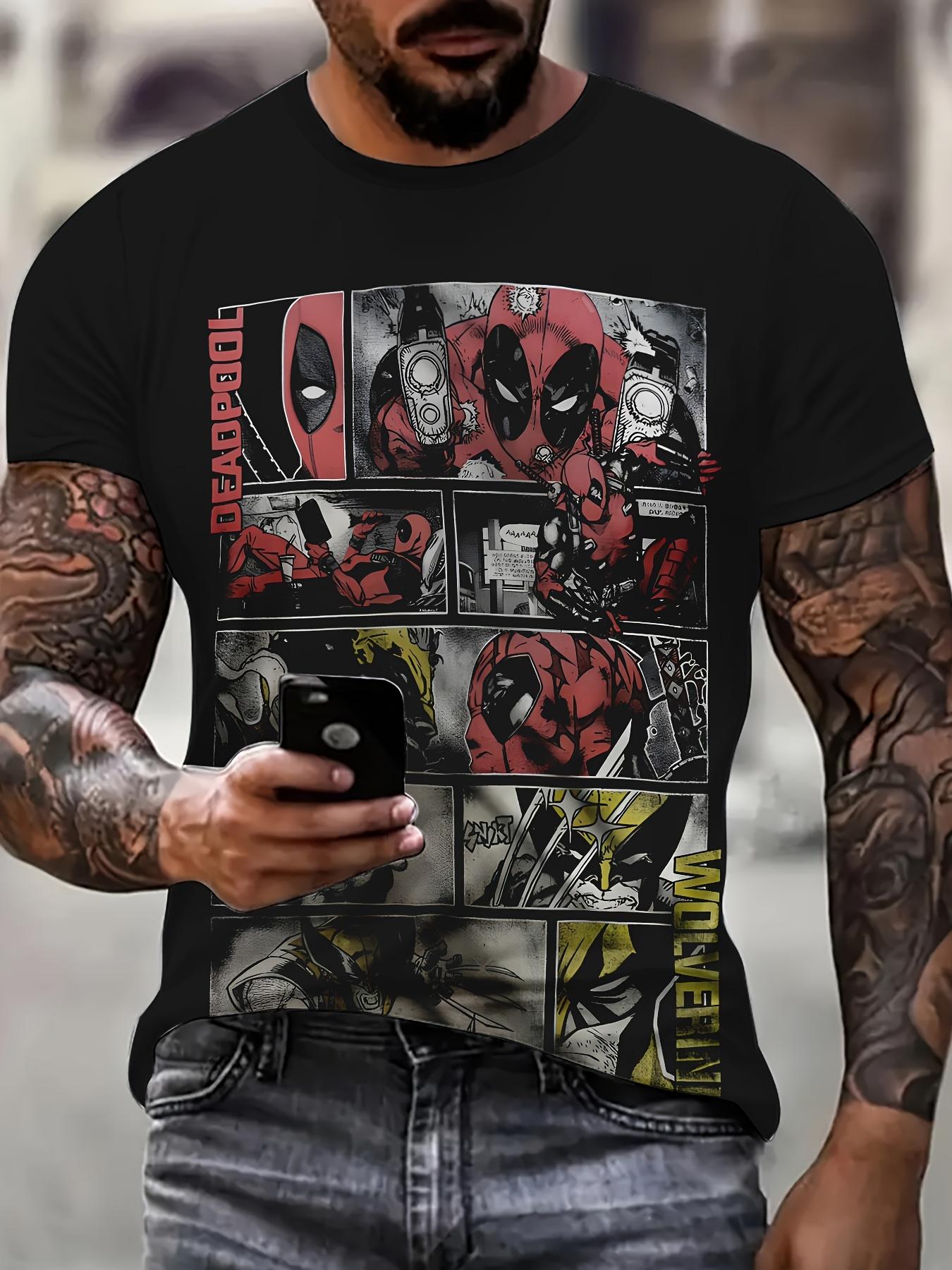 Deadpool Wolverine Graphic T-Shirt Funny Superhero Design Black with Red Yellow Print Superhero T shirt S