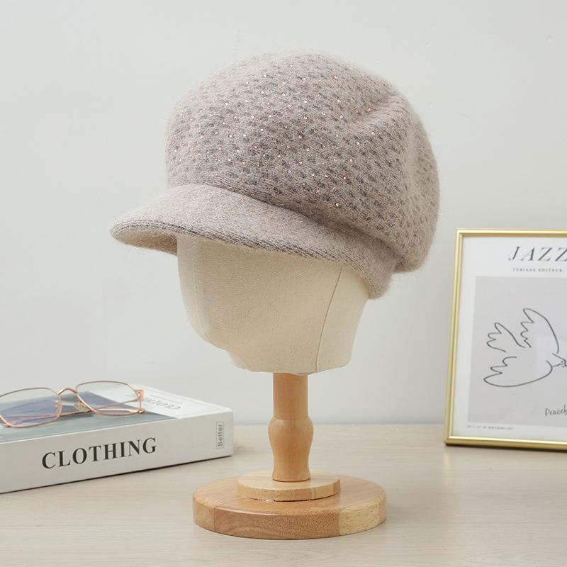 Autumn and Winter Casual Bright Diamond Rabbit Hair Mother Hat Versatile Plus Velvet Thickened Cold Proof Duck Tongue Cap Can Scarf Warm Set New
