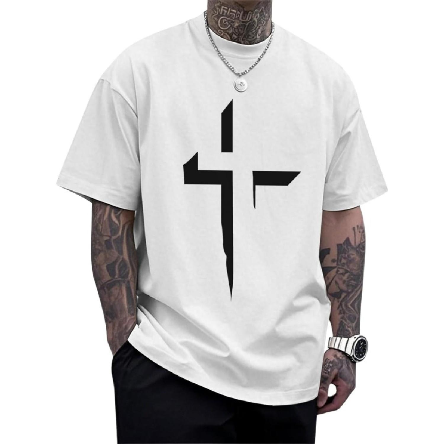 

Christian T Shirts for Men, Cross Print Crewneck Cotton T-Shirt, Drop Shoulder Oversized Clothes Tee for Dating Home School XXXXXL білий
