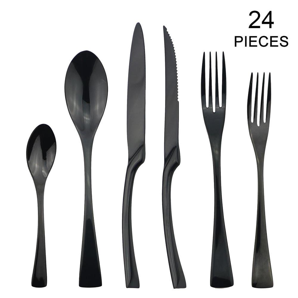 JANKNG 24Pcs 18/10 Stainless Steel Dinnerware Set Black Dinner Silverware Spoon Fork Knife Cutlery Tableware Set Flatware Set