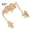 Women Hand Jewelry Rhinestone Flower Link Chain Ring, Bling Floral Leaf Full Finger Ring Statement with Chain, Adjustable Open for Girls
