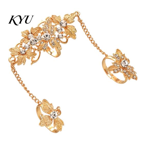 Women Hand Jewelry Rhinestone Flower Link Chain Ring, Bling Floral Leaf Full Finger Ring Statement with Chain, Adjustable Open for Girls