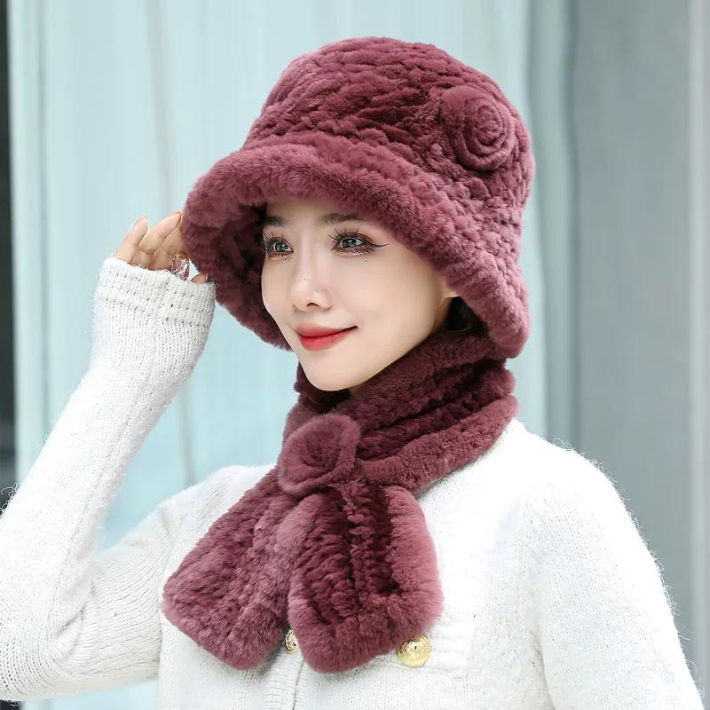 Middle-aged and Elderly Rex Rabbit Hair Hat, Scarf Set, Women's Winter Old Lady Two-piece Set, Women's Mother and Grandmother Thermal Hat