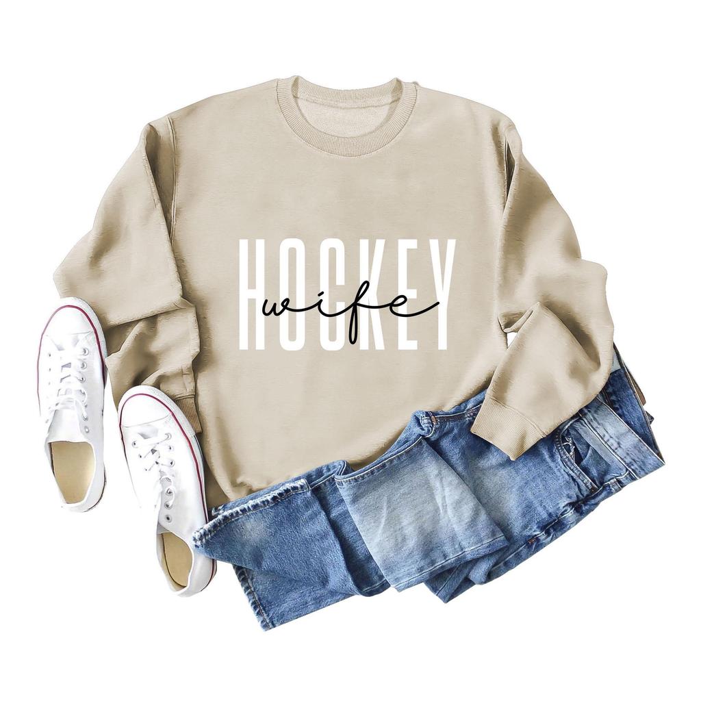 European & American Fashion Long Sleeve Loose Hoodie with 'Hockey Wife' Print for Women