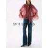 Summer New Product Women's Clothes Gathers Stand Collar Long Sleeves Fashion Casual Neckline Shoelace Sheer Top 1259011
