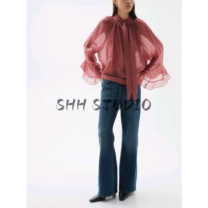 Summer New Product Women's Clothes Gathers Stand Collar Long Sleeves Fashion Casual Neckline Shoelace Sheer Top 1259011