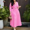Women Elegant High Waist Turn Down Collar Long Sleeve Solid Pleated A Line Midi Dress
