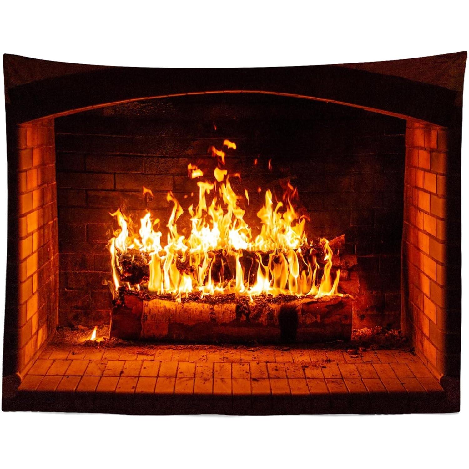 Tapestry lockcor burning fireplace firewood blazing 75x100