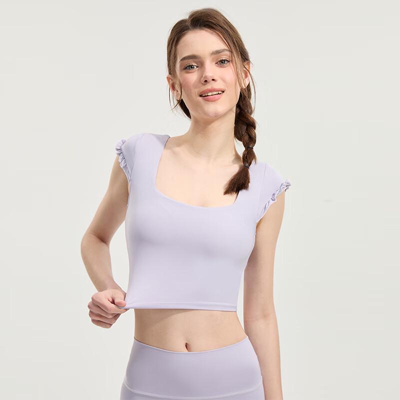 OEING Cloud Feel Square Neck Ruffle Sleeve Crop Sport Top with Fixed Cups S-XL