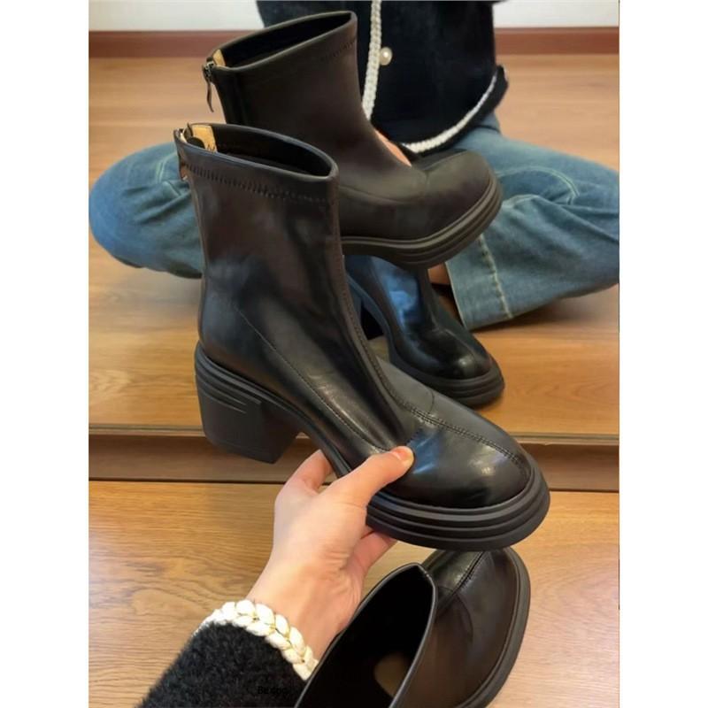 Cowhide Edition~ Platform Short Boots Women's 2025 Autumn and Winter New Versatile High Heel Chelsea Martin Boots Thick Heel Skinny Boots