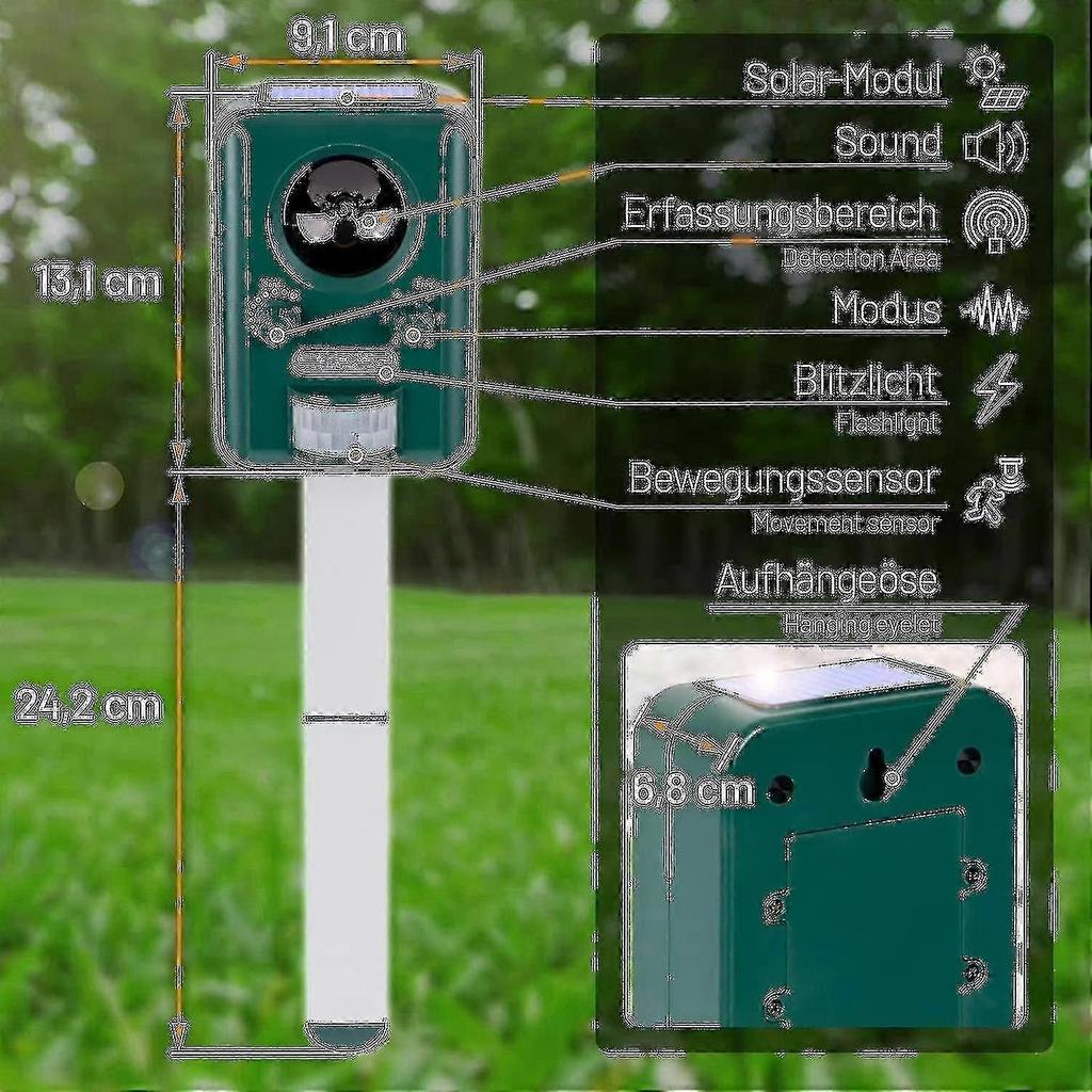 Solar Powered Ultrasonic Animal Repellent Device with Flash Strobe Light for Cats Dogs and Martens