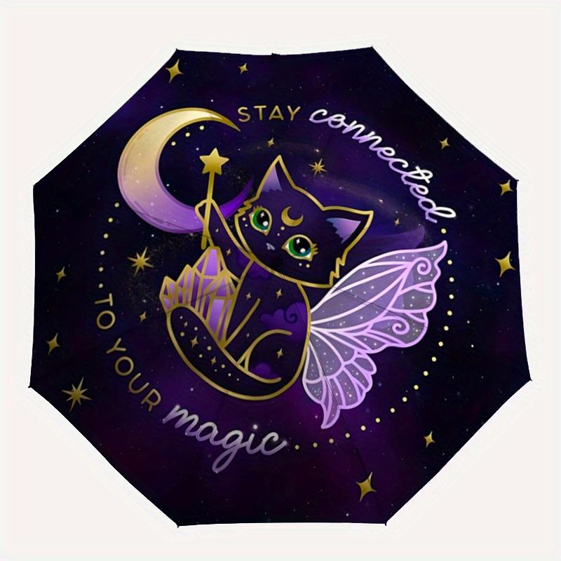 1pc Stay Connected To Your Magic Crystal Cat Design Durable Cartoon Folding Umbrella, Portable 3-Fold Compact Umbrella for Men and Women, Suitabl