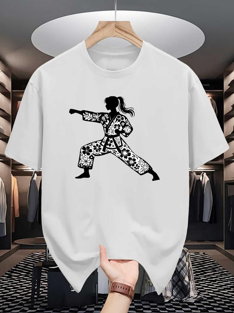 Floral Karate Unisex Unisexs Crew Neck T Shirt Female Martial Artist Flower Silhouette Graphic Short Sleeve Casual Street Tops