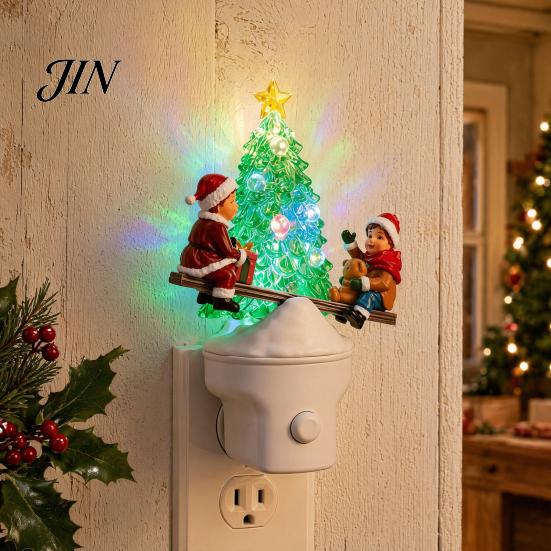 Kleiner Raum Nachtlicht Weihnachten Stecker-LED-Licht, Harz Leuchtender Baumlampe mit Kinder Rentierförmigem Wippen-Design, Wanddekor für Schlafzimmer Flur,