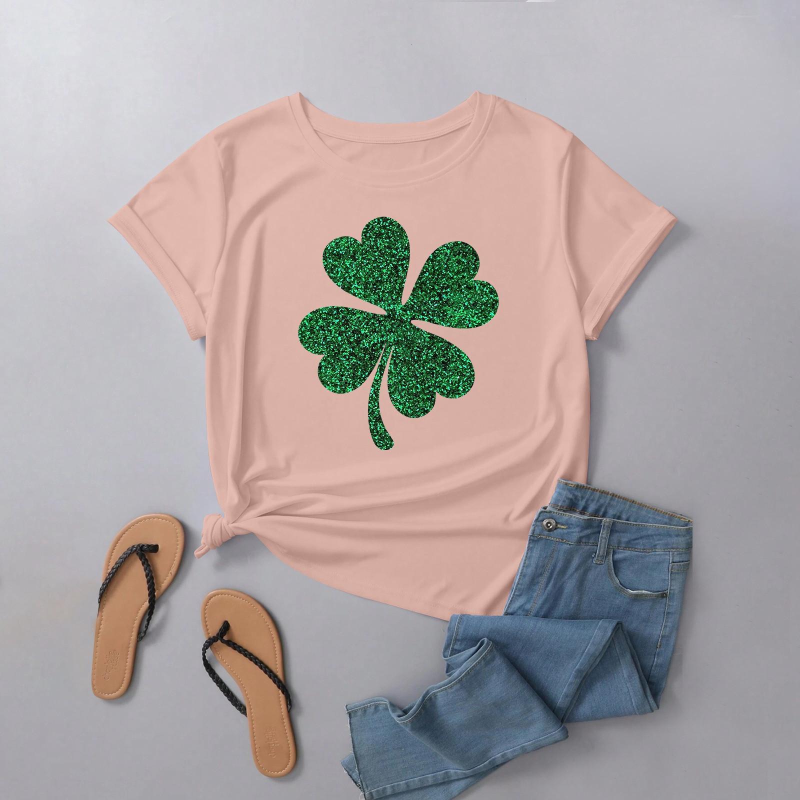 

Женская рубашка с короткими рукавами и круглым вырезом, модная футболка с принтом в виде четырех листьев ко Дню Святого Патрика, повседневный топ, топ с короткими рукавами реглан XL розовый