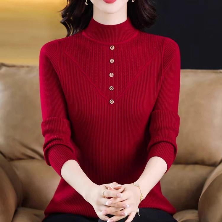 

Свитер с полувысоким воротником, базовая рубашка с длинным рукавом, идеально подходит для осени и зимы, универсальный и модный вязаный топ XL красный