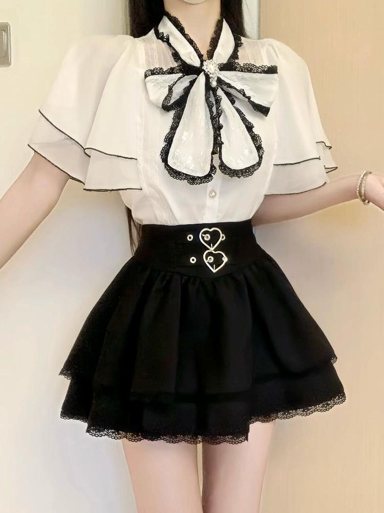 POSHOP Japanese Bell Sleeve Chiffon Top & Summer Skirt Two-Piece Set