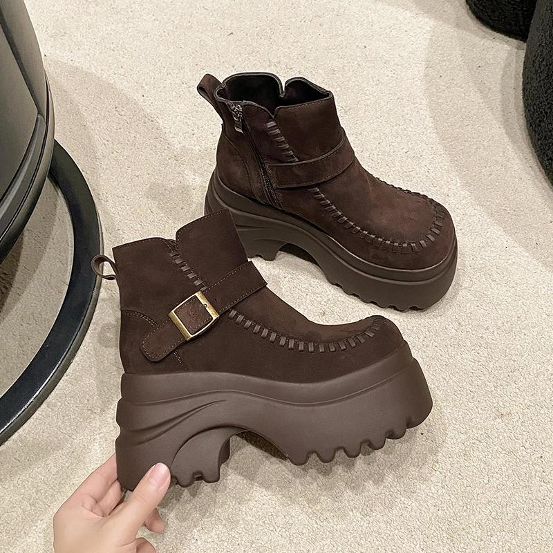 Designer Hohe Plateau Stiefeletten Damen Wildleder Lederschuhe Damen Herbst Winter Schneestiefel Trend Gehen Botas Mujer 9,5CM