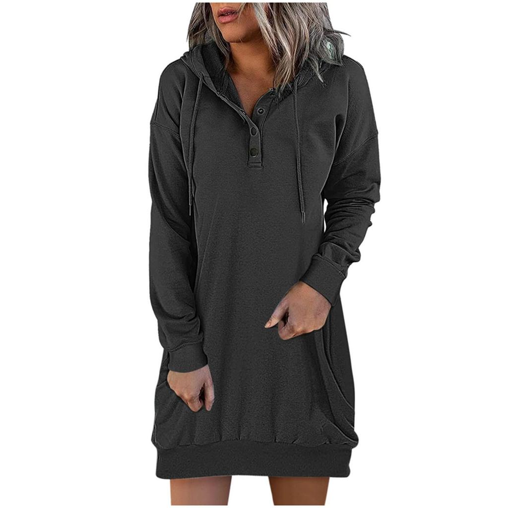 Damen Kleider Langarm Kordelzug Pullover Top Kleid Casual Hoodie Pullover Kleid Kleider