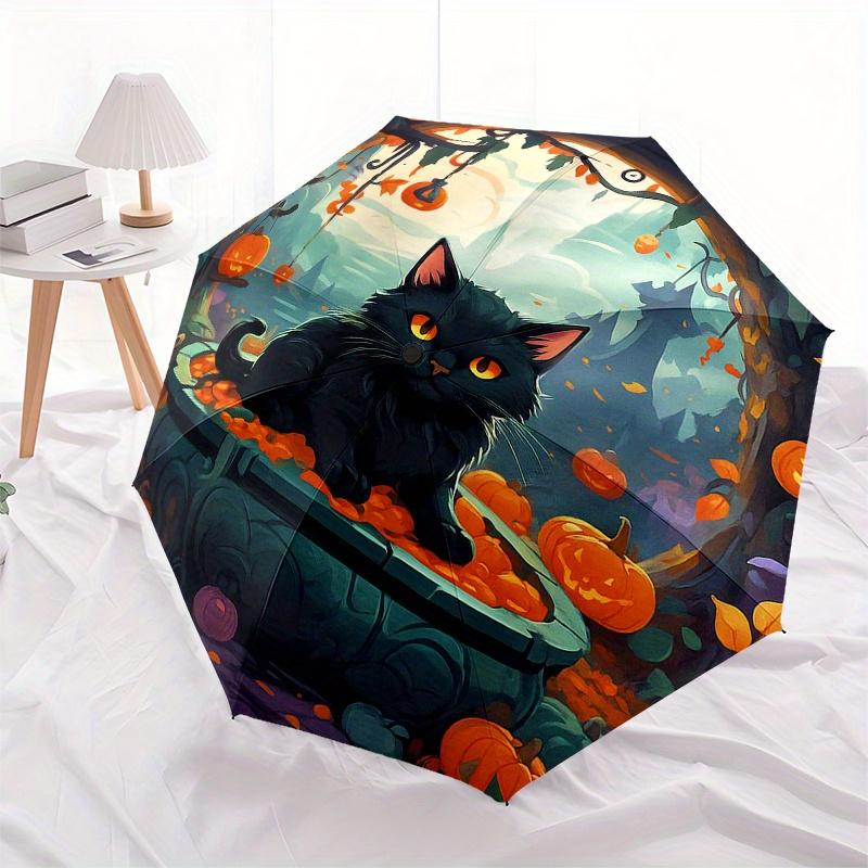 Halloween Black Cat Pumpkin Decorative PlateUmbrella, Portable 3-Fold Compact Umbrella,Christmas Gift ES382