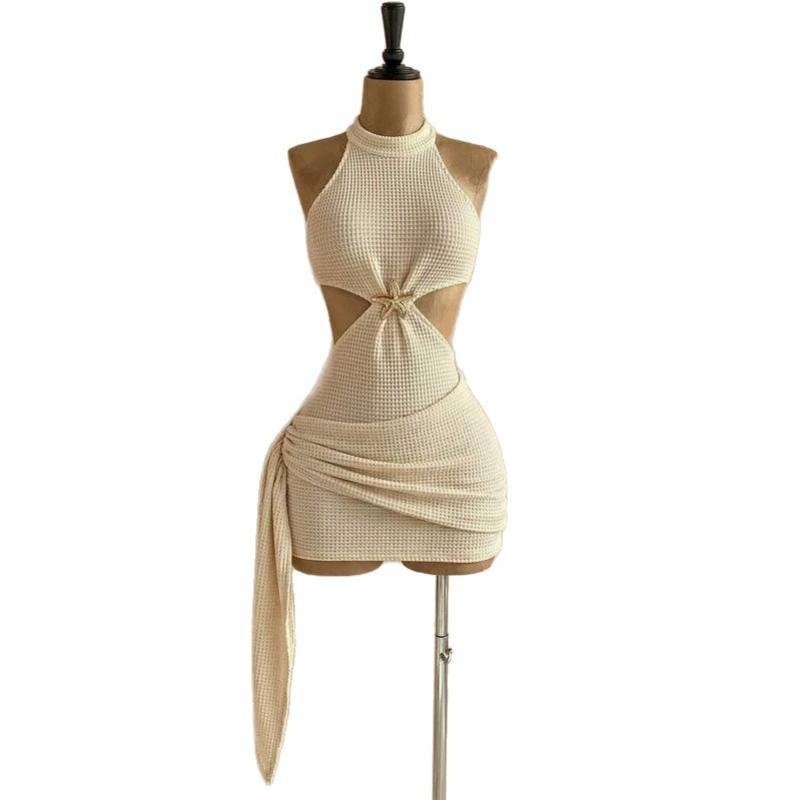 Summer Sexy High Neck Halter Mini Dress Starfish Decor Cut Out Waist Ruched Draped Tie Bodycon Vacation Beach Party Short Dress for Date Night Wear