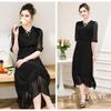 TUHUANG Women's 100% Mulberry Silk French Retro V-Neck Puff Sleeve Dress