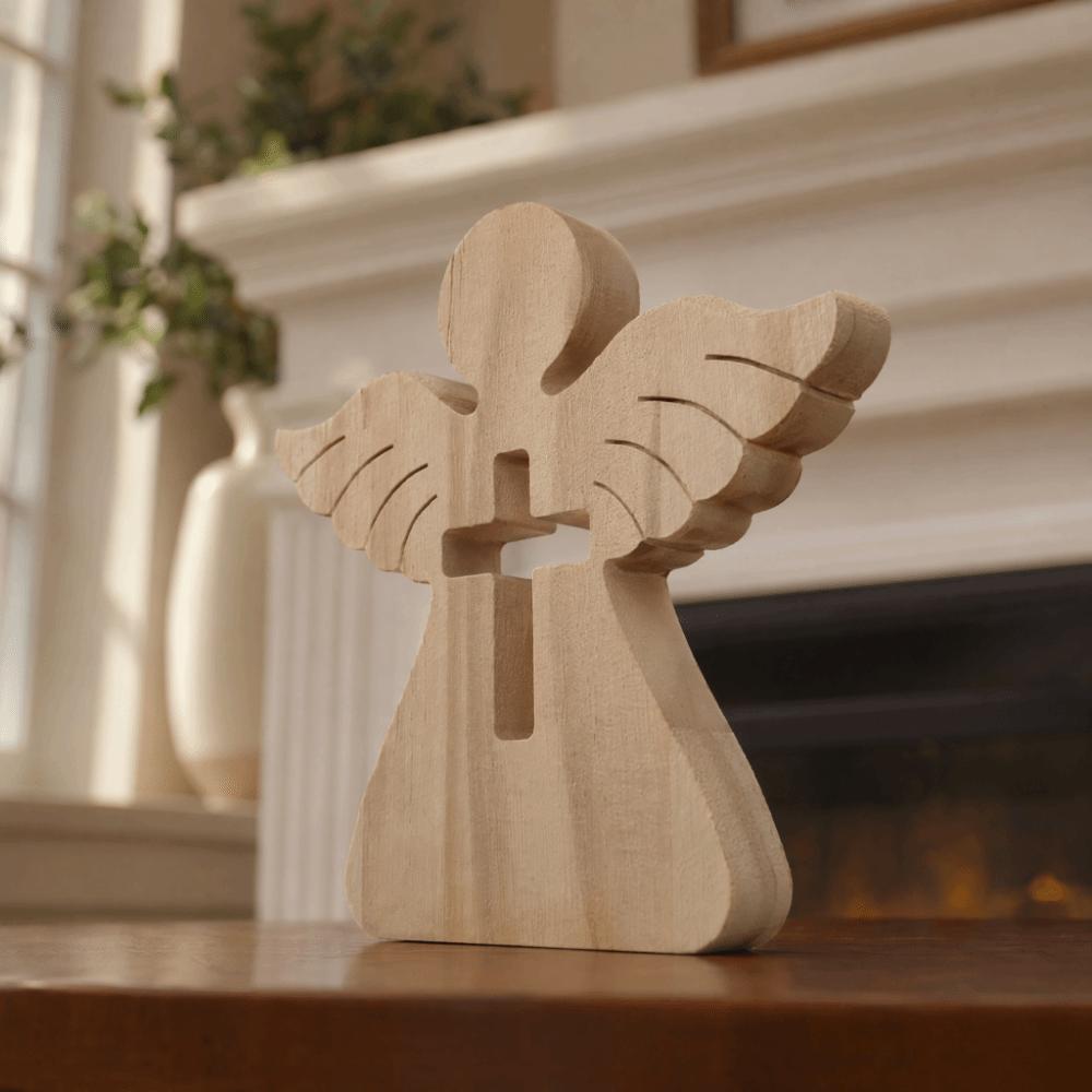 Wooden Hollow Cross Wooden Angel Tabletop Ornament Living Room Corner Shelf Display Decor