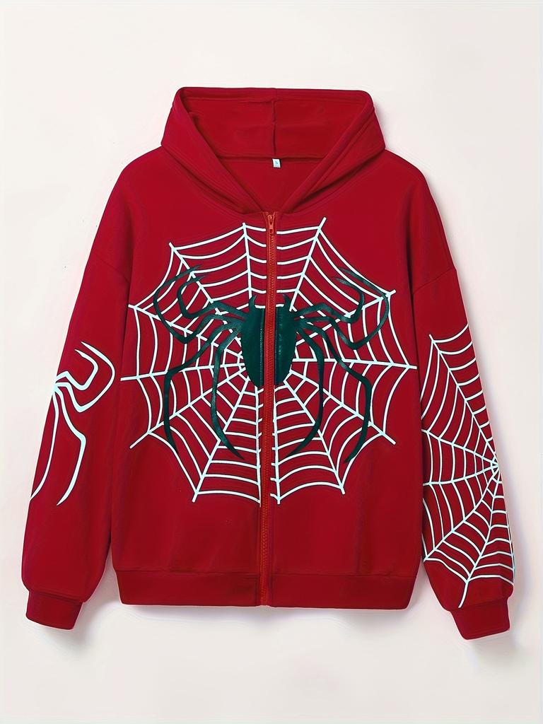 Y2K Fleece Hoodie für Damen – Spinnennetz-Print Lockerer Reißverschluss Kapuzen-Cardigan, Grunge Streetwear Oversized Sweatshirt weniger