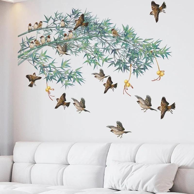 Chinese Ink Painting Bamboo Birds Wall Stickers for Living Room Bedroom Sofa Background Decor Vinyl Wall Decals Home Decor