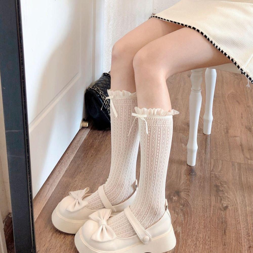 Ultra-thin Black Lace Socks Y2K Knee High Socks Japanese Style Bow Women Socks Girls