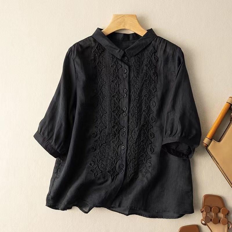 Seven Quarter Sleeve Embroidered Cotton Linen Shirt Women's Artistic Retro Design Sense Top for Spring Summer Shirt