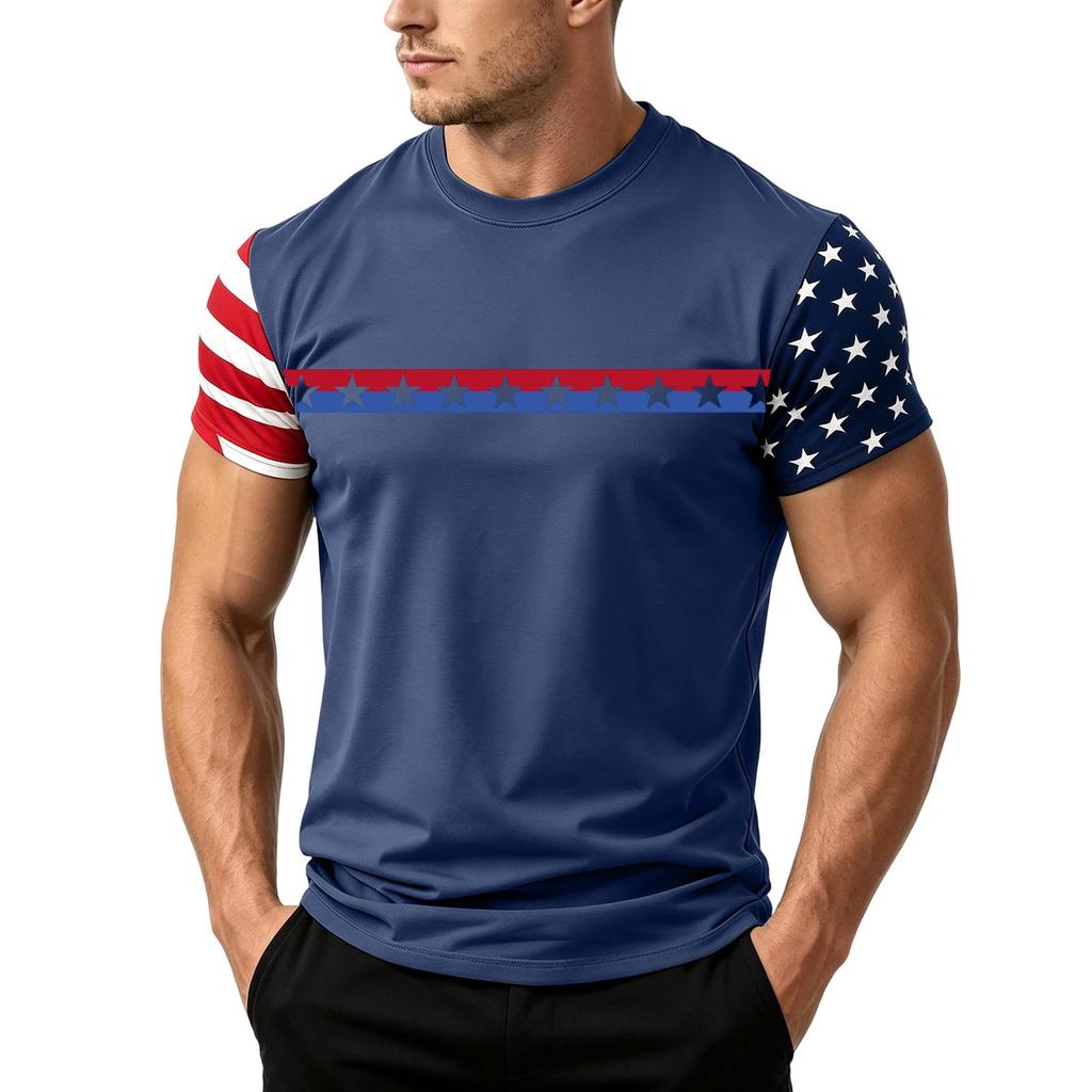 Men's Casual Short Sleeve T Shirt Loose Fit Crew Neck Lightweight Summer Daily Wear Tee with Flag Pattern Sleeve Design