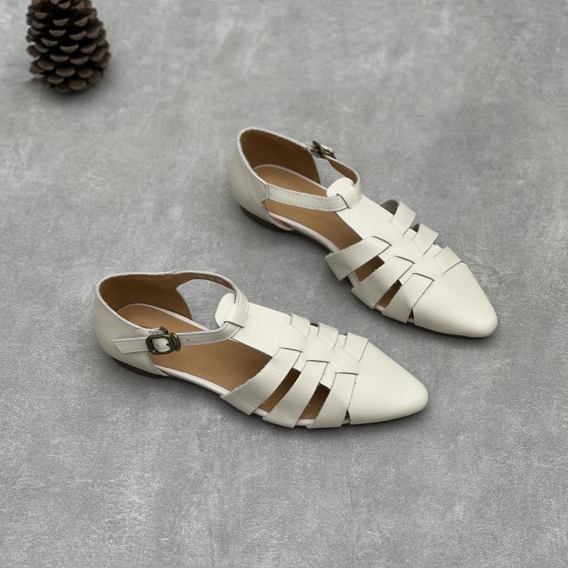 Johnature Handmade Genuine Leather Pointed Toe Sandals Retro Hollow Buckle Woven Cowhide Women's Shoes