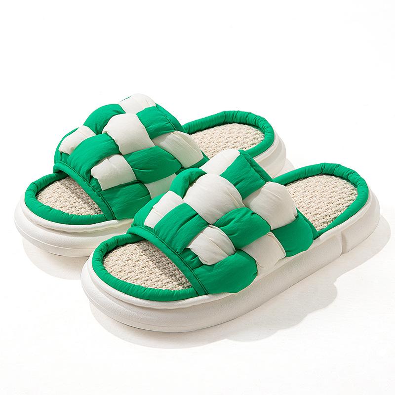 Fashion Simple Flax Lattice Spring Summer Women Slippers Home Floor Slippers for Women Couples Feeling Soft Bottom Linen Slippers