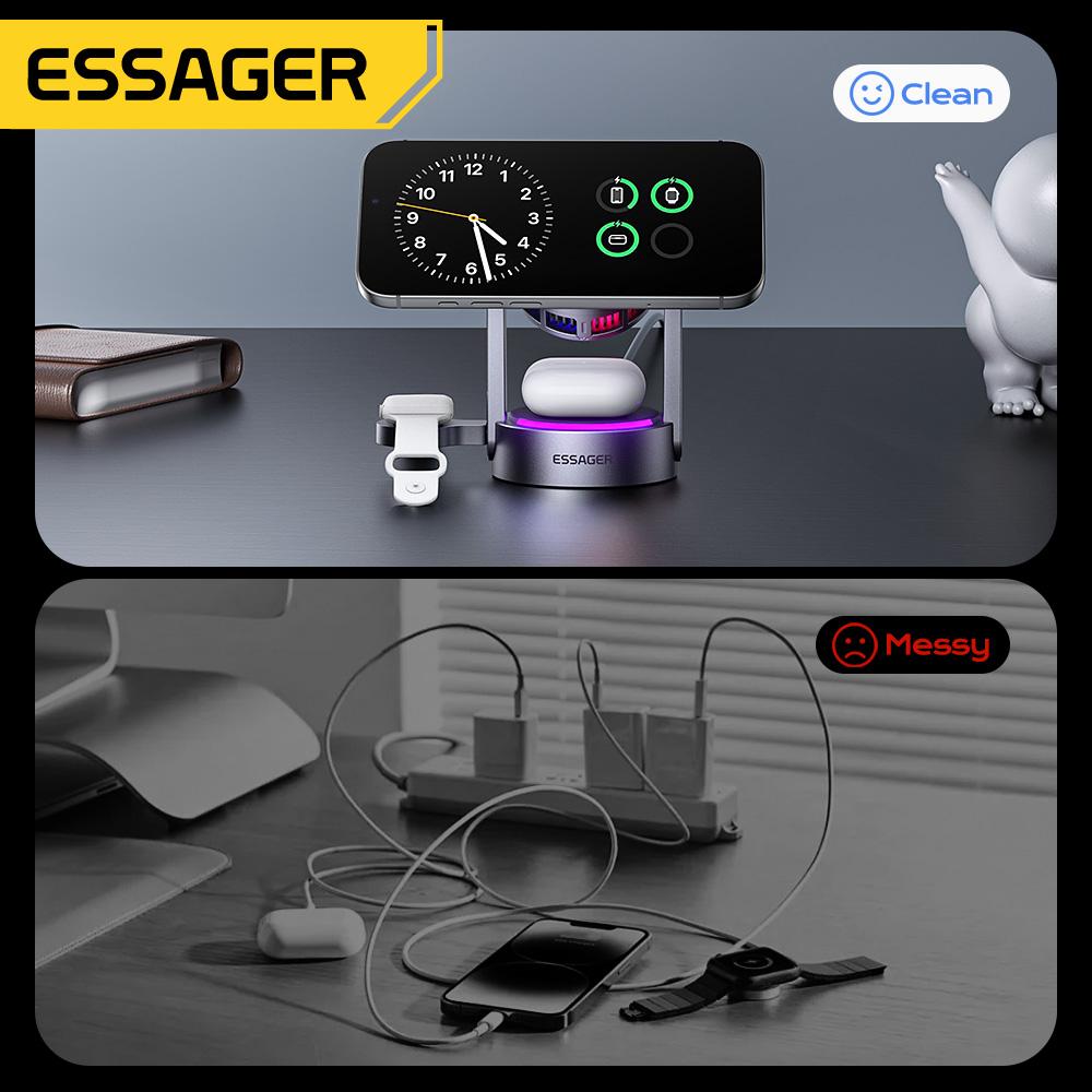 Essager 3 In 1 Magnetic Wireless Charger Qi2.2 25W Fast Charging Stand For iPhone 17 16 Pro Max  Apple