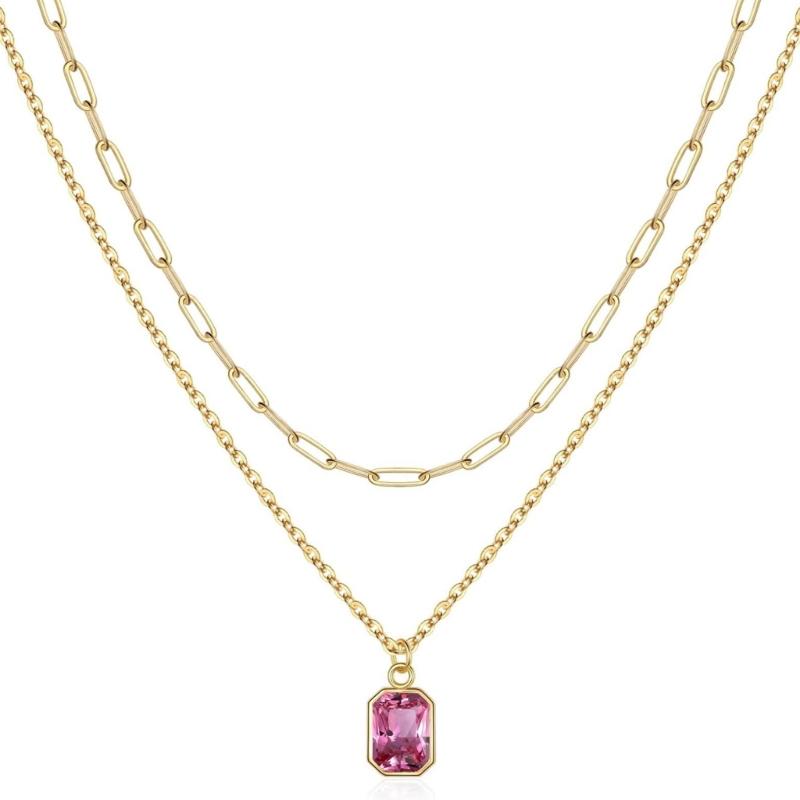 Elegant Double Layer Necklace Featuring December Birthstones And 18k Gold Plating Rectangular Design Neckchain For Women