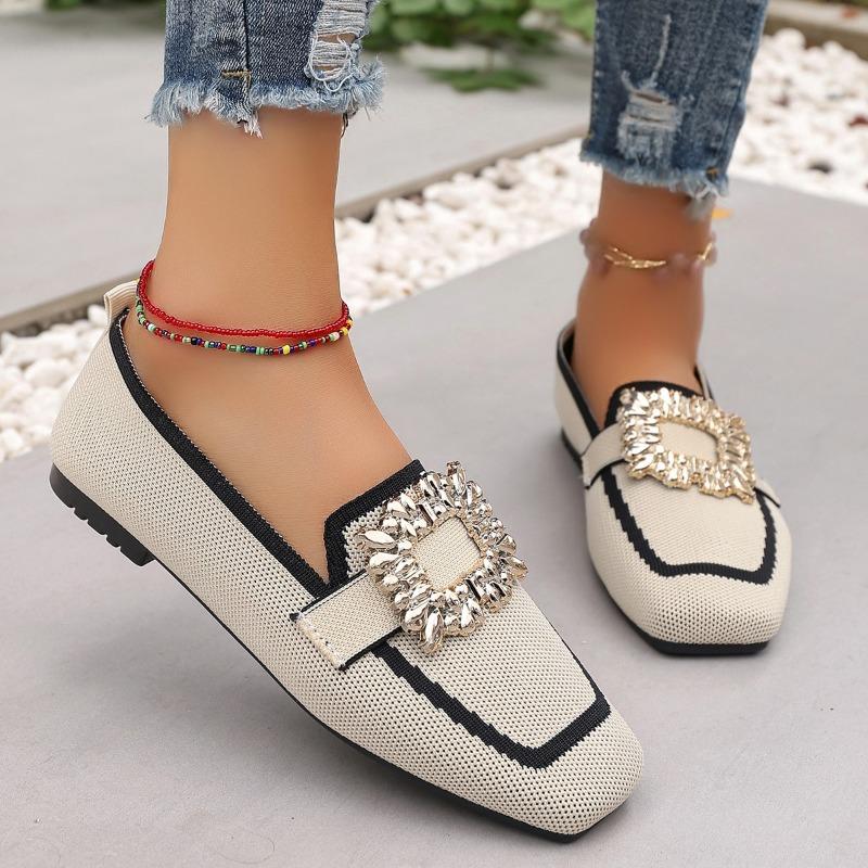 Fashion 2025 New Women Flats Spring New Large Size Flat Loafers Shoes Women Knitting Slip-on Square Head Breathable Shoes Women