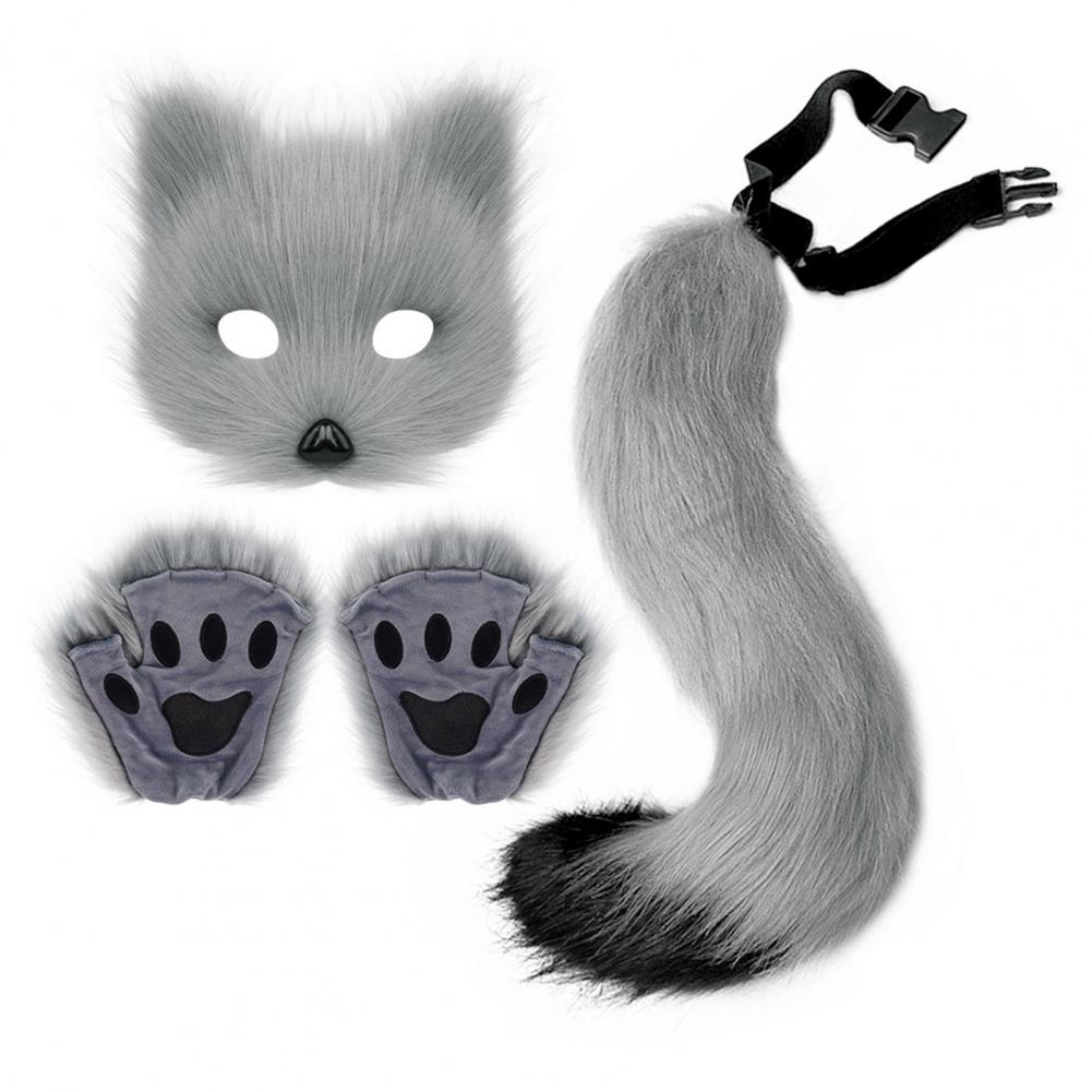 

Handmade Faux Fur Masque Fox Masque Handmade Faux Fur Cat Fox Masquerade Kit for Halloween Party Cosplay Therian черный серый