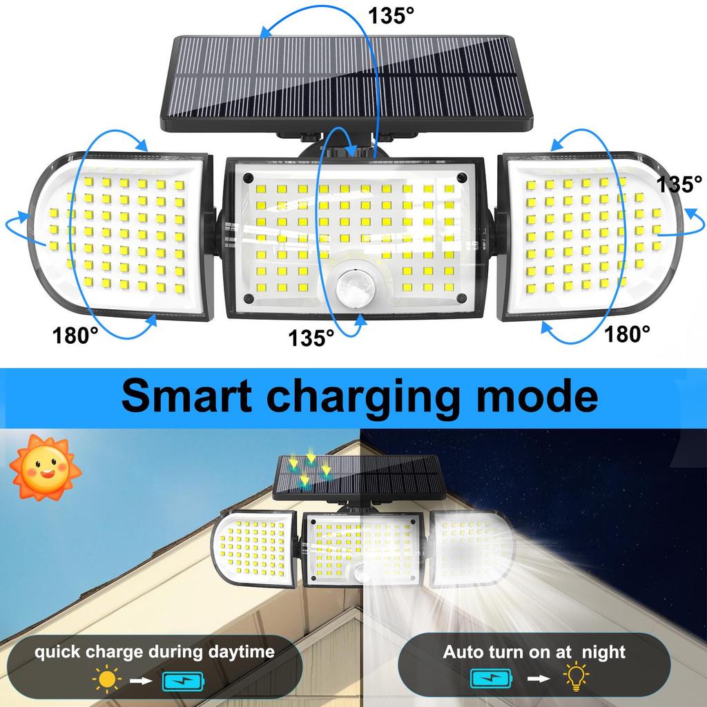 Solare Halbkreis 160LED Dreikopf-Wandleuchte mit Bewegungssensor, IP65 Außenbereich Sicherheit