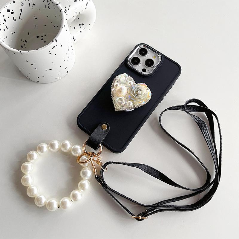 For IPhone 15 Rhinestone Pearl Love Stand Mobile Phone Case for IPhone 17 Pearl Hand Chain Crossbody Rope Silicone