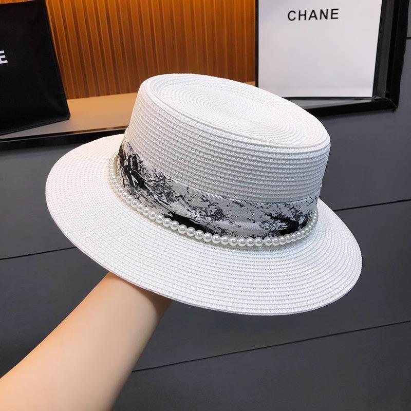 Flat top top hat design sense pearl temperament versatile straw hat summer vacation shade beach hat children