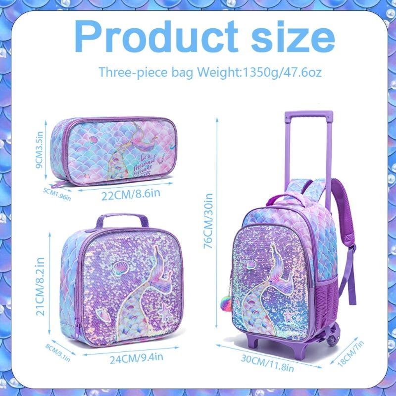 3PCS Kids Rolling Backpack for Girls Cute Mermaid Sequin Wheeled Backpack Trolley School Bag with Wheels Elementary Book bag
