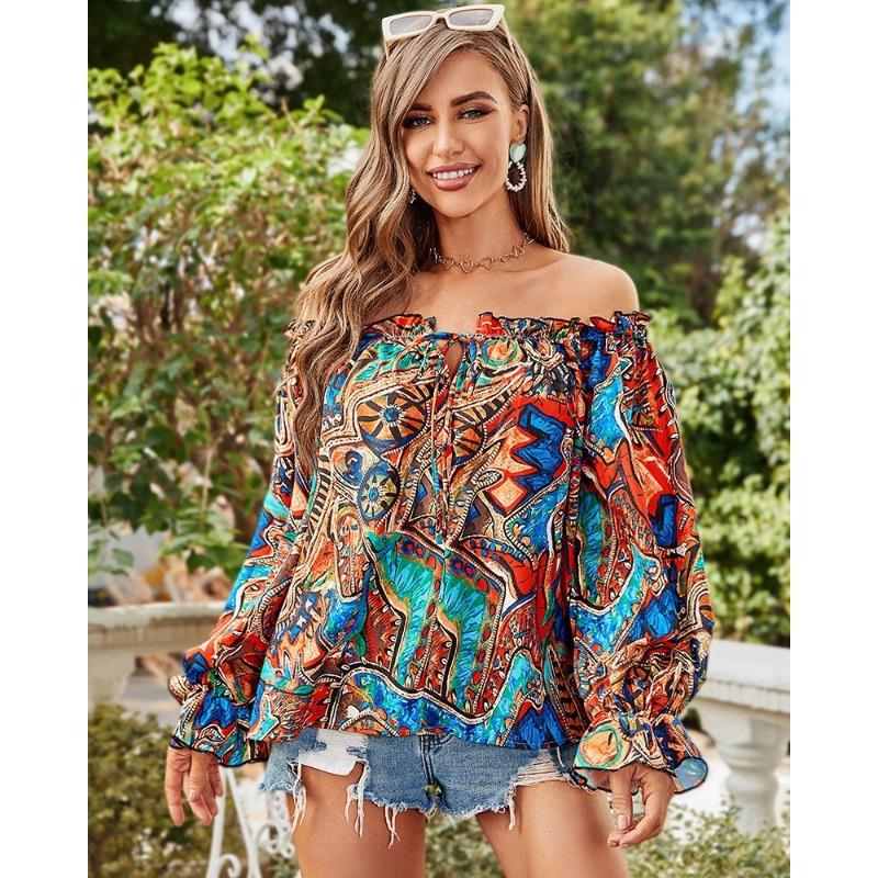 Women S One Shoulder Long Sleeve Printed Casual Shirt
