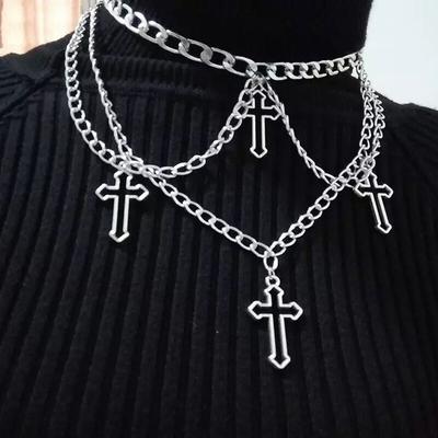 Silver Color Hollow Cross Pendant Necklaces Multilayer Chain Dollar Symbol Statement Necklaces Hip Hop Jewelry